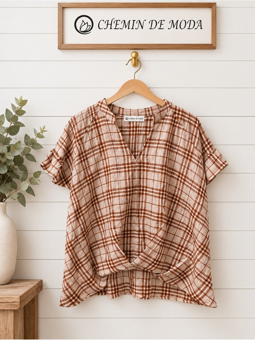 CHEMIN DE MODA Plaid Flutter Sleeve Blouse Estimated XL